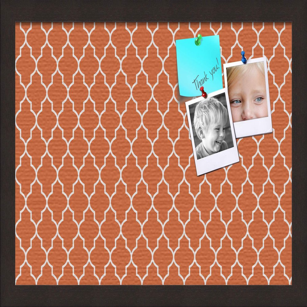 ArtToFrames 18x12 Custom Cork Bulletin Board. This Quatrefoil Orange Pin Board Has a Fabric Style Canvas Finish, Framed in Coffee (PinPix-328-18x12_FRBW26061)