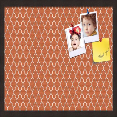 ArtToFrames 24x16 Custom Cork Bulletin Board. This Quatrefoil Orange Pin Board Has a Fabric Style Canvas Finish, Framed in Coffee (PinPix-328-24x16_FRBW26061)