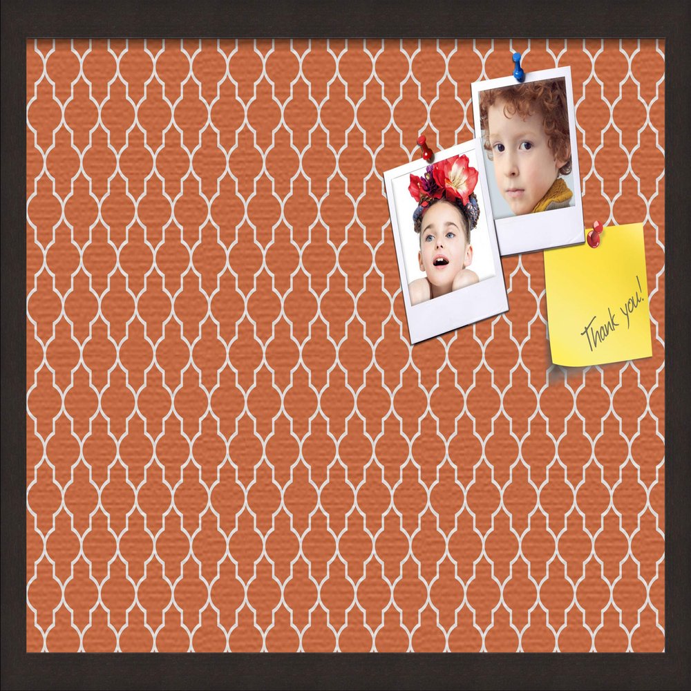 ArtToFrames 24x16 Custom Cork Bulletin Board. This Quatrefoil Orange Pin Board Has a Fabric Style Canvas Finish, Framed in Coffee (PinPix-328-24x16_FRBW26061)