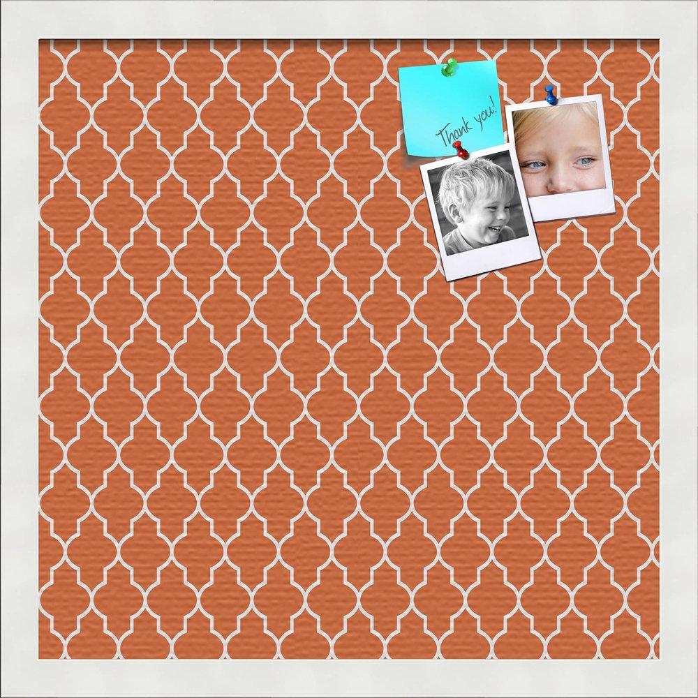 PinPix 16x16 Custom Cork Bulletin Board Quarterfoil Orange Poster Board with a Canvas Style Photo Board, Framed in Satin White Frame (PinPix-328)