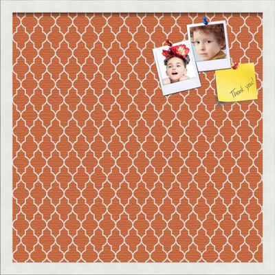 PinPix 20x20 Custom Cork Bulletin Board Quarterfoil Orange Poster Board with a Canvas Style Photo Board, Framed in Satin White Frame (PinPix-328)