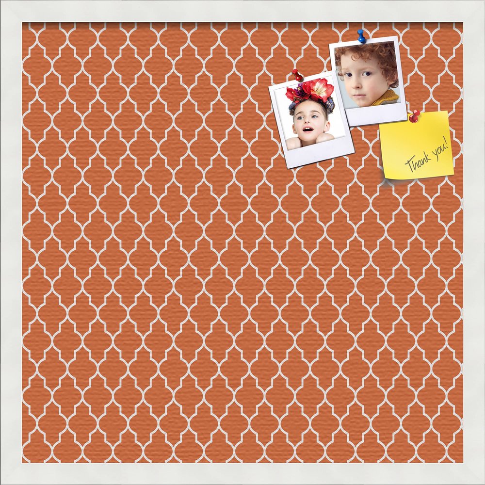 PinPix 20x20 Custom Cork Bulletin Board Quarterfoil Orange Poster Board with a Canvas Style Photo Board, Framed in Satin White Frame (PinPix-328)