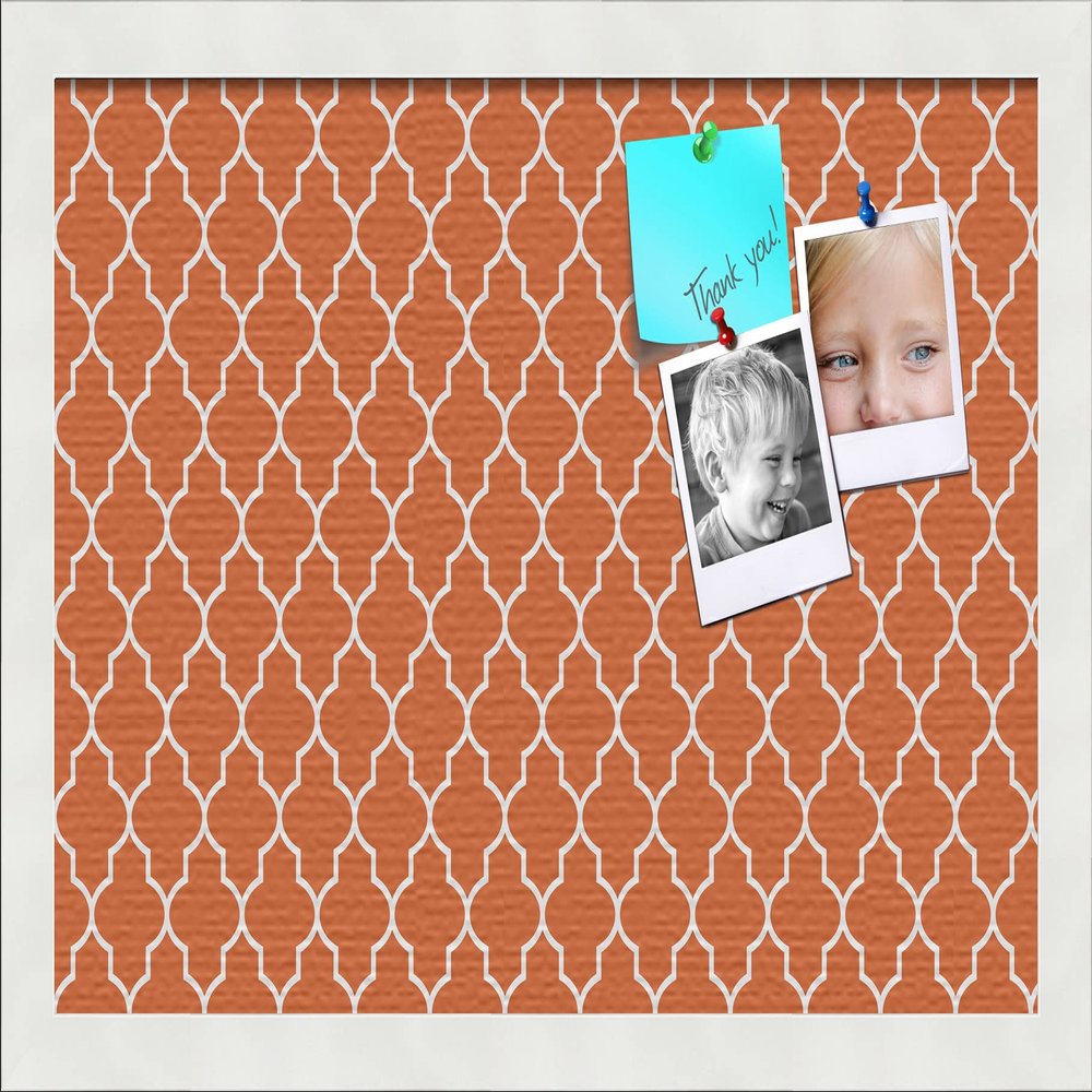 PinPix 18x12 Custom Cork Bulletin Board Quarterfoil Orange Poster Board with a Canvas Style Photo Board, Framed in Satin White Frame (PinPix-328)