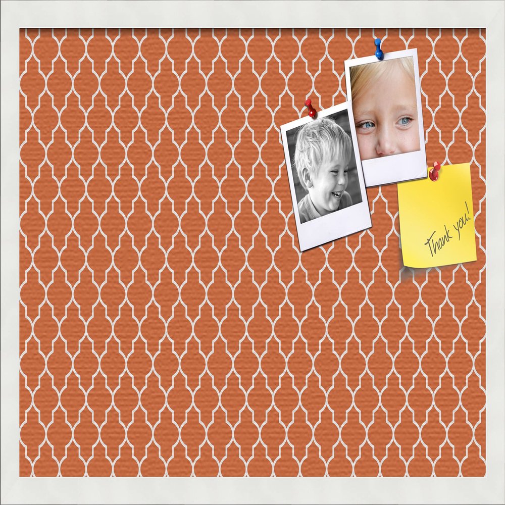 PinPix 24x16 Custom Cork Bulletin Board Quarterfoil Orange Poster Board with a Canvas Style Photo Board, Framed in Satin White Frame (PinPix-328)