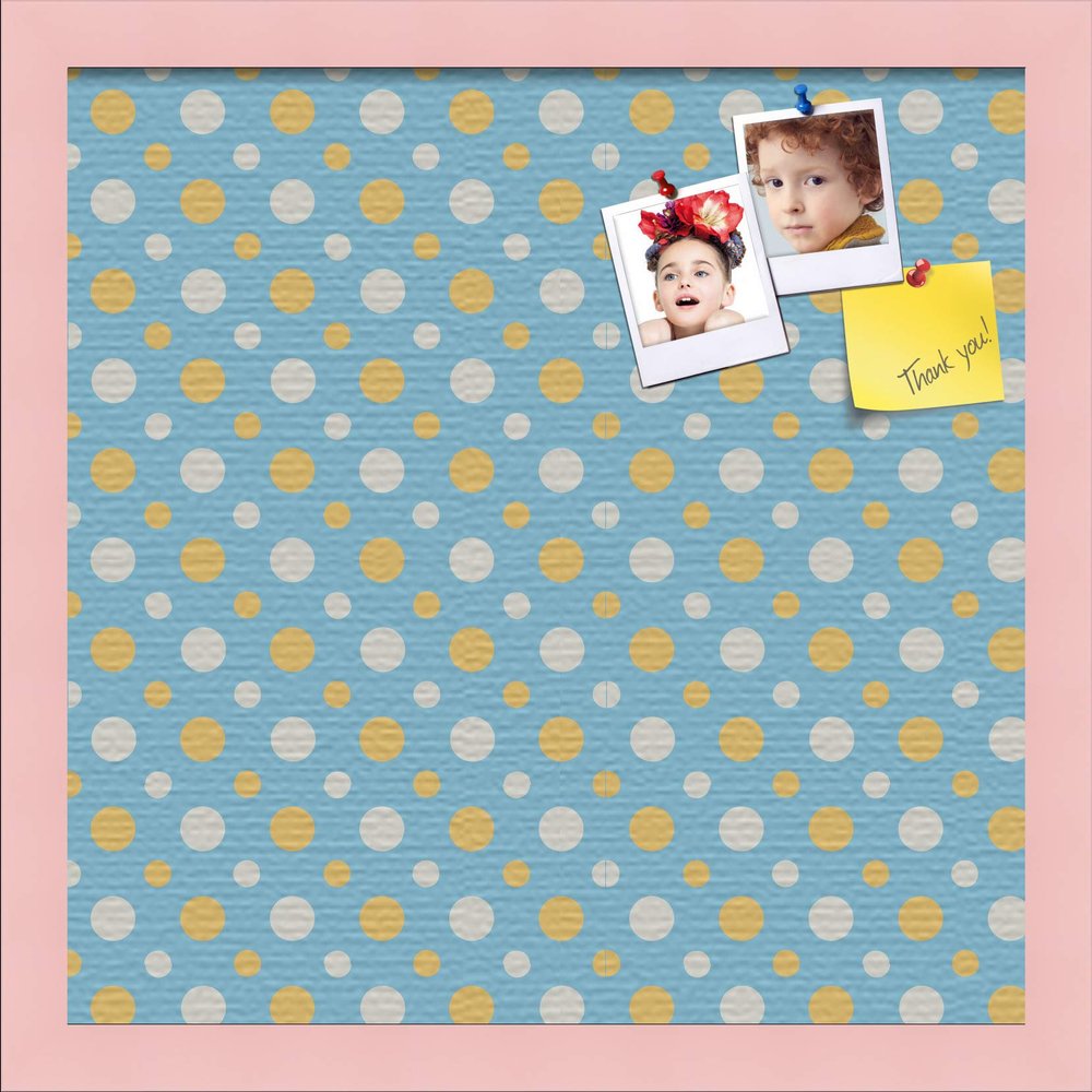 ArtToFrames 16x16 Inch Custom Cork Bulletin Board. This Blue - White Dots Pin Board Comes Has a Fabric Style Canvas Finish, in a Baby Pink on Beech Frame (PinPix-345-16x16_0066-81792-YPNK)