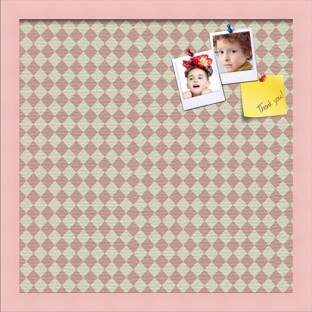 PinPix Decorative pin Cork Bulletin Board Made from Canvas, Retro Pattern Printed at 16x16 Inches and Framed in Baby Pink Stain on Beech (PinPix-348)