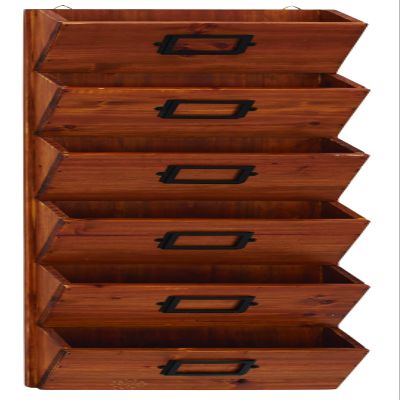 Deco 79 Wood Rectangle Magazine Rack Holder with Suspended Baskets and Label Slot, 3" x 12" x 36", Brown