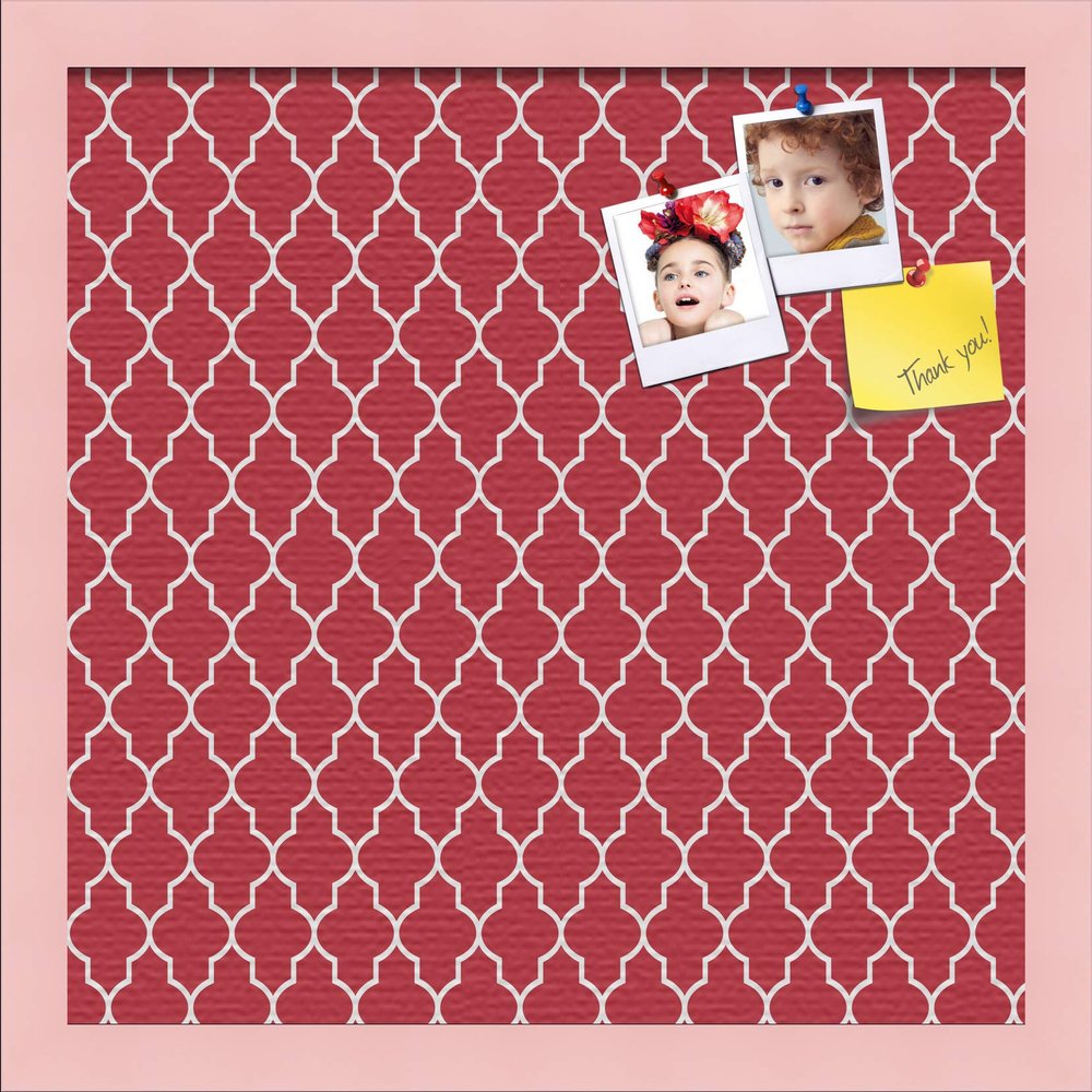 ArtToFrames 16x16 Custom Cork Bulletin Board. This Quatrefoil Red Pin Board Has a Fabric Style Canvas Finish, Framed in Baby Pink on Beech (PinPix-484-16x16_0066-81792-YPNK)
