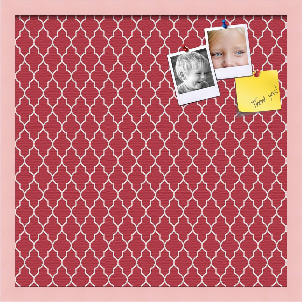 ArtToFrames 20x20 Custom Cork Bulletin Board. This Quatrefoil Red Pin Board Has a Fabric Style Canvas Finish, Framed in Baby Pink on Beech (PinPix-484-20x20_0066-81792-YPNK)