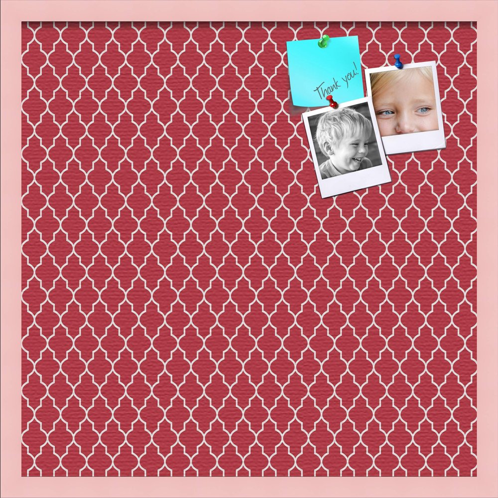 ArtToFrames 24x24 Custom Cork Bulletin Board. This Quatrefoil Red Pin Board Has a Fabric Style Canvas Finish, Framed in Baby Pink on Beech (PinPix-484-24x24_0066-81792-YPNK)