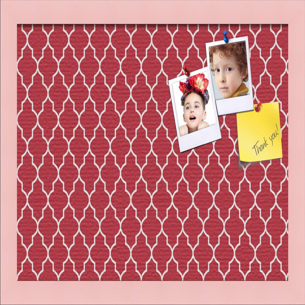 ArtToFrames 18x12 Custom Cork Bulletin Board. This Quatrefoil Red Pin Board Has a Fabric Style Canvas Finish, Framed in Baby Pink on Beech (PinPix-484-18x12_0066-81792-YPNK)