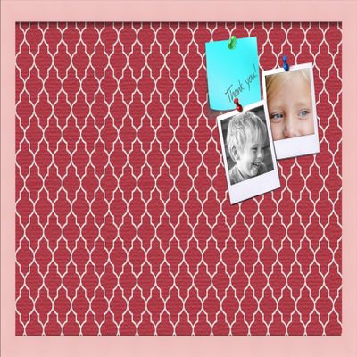 ArtToFrames 24x16 Custom Cork Bulletin Board. This Quatrefoil Red Pin Board Has a Fabric Style Canvas Finish, Framed in Baby Pink on Beech (PinPix-484-24x16_0066-81792-YPNK)