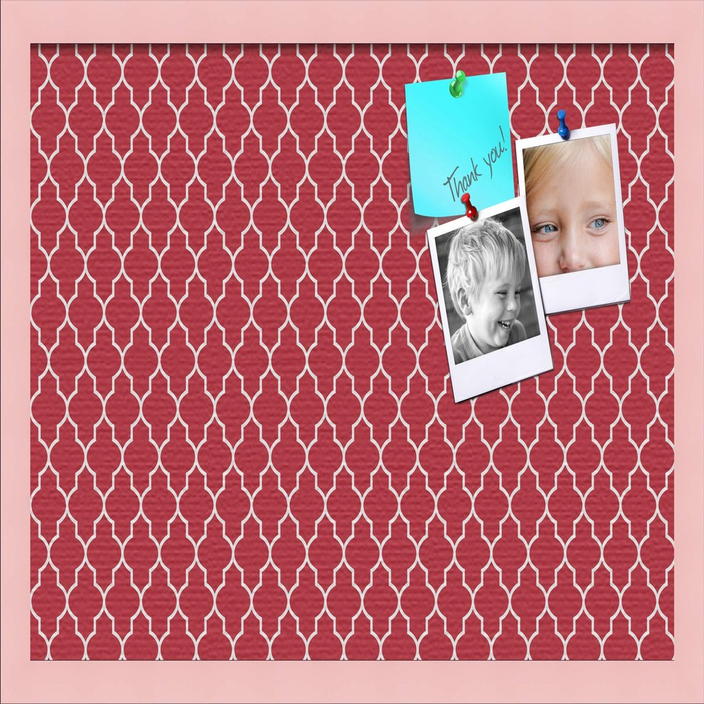 ArtToFrames 24x16 Custom Cork Bulletin Board. This Quatrefoil Red Pin Board Has a Fabric Style Canvas Finish, Framed in Baby Pink on Beech (PinPix-484-24x16_0066-81792-YPNK)