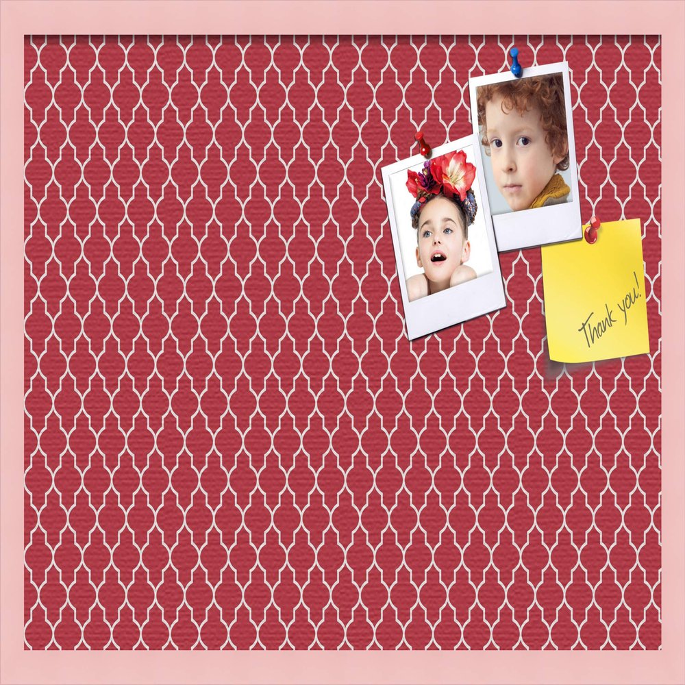 ArtToFrames 30x20 Custom Cork Bulletin Board. This Quatrefoil Red Pin Board Has a Fabric Style Canvas Finish, Framed in Baby Pink on Beech (PinPix-484-30x20_0066-81792-YPNK)
