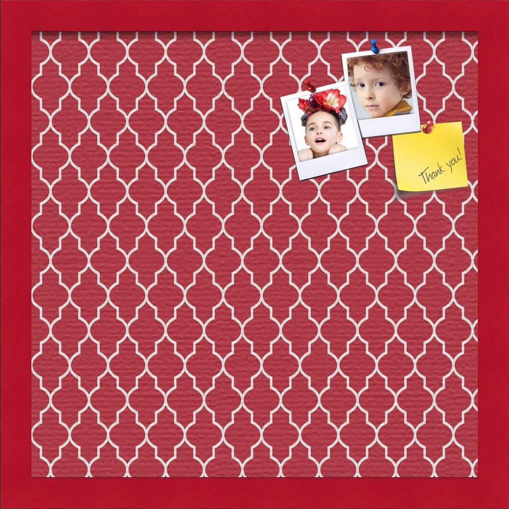 ArtToFrames 16x16 Custom Cork Bulletin Board. This Quatrefoil Red Pin Board Has a Fabric Style Canvas Finish, Framed in Red Stain on Beech (PinPix-484-16x16_0066-81792-YRED)