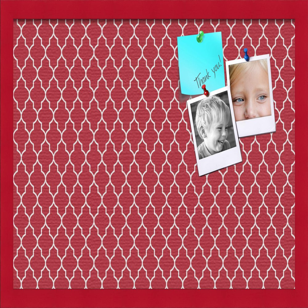 ArtToFrames 24x16 Custom Cork Bulletin Board. This Quatrefoil Red Pin Board Has a Fabric Style Canvas Finish, Framed in Red Stain on Beech (PinPix-484-24x16_0066-81792-YRED)
