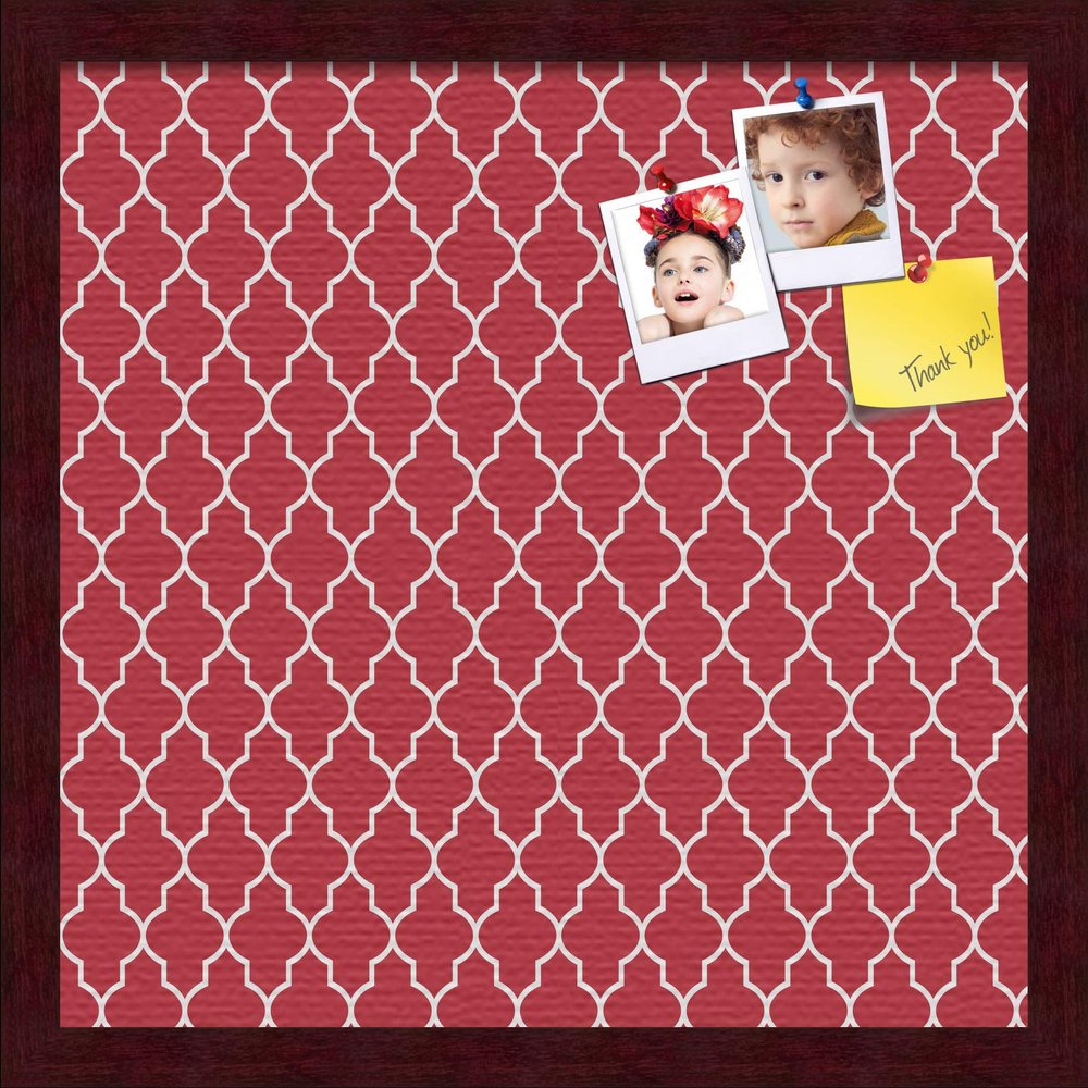 ArtToFrames 16x16 Custom Cork Bulletin Board. This Quatrefoil Red Pin Board Has a Fabric Style Canvas Finish, Framed in Mahogany (PinPix-484-16x16_FRBW26039)