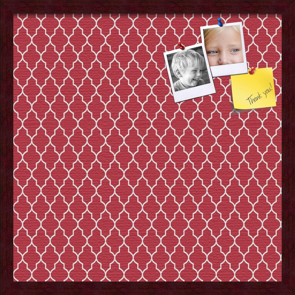 ArtToFrames 20x20 Custom Cork Bulletin Board. This Quatrefoil Red Pin Board Has a Fabric Style Canvas Finish, Framed in Mahogany (PinPix-484-20x20_FRBW26039)