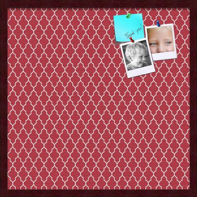ArtToFrames 24x24 Custom Cork Bulletin Board. This Quatrefoil Red Pin Board Has a Fabric Style Canvas Finish, Framed in Mahogany (PinPix-484-24x24_FRBW26039)