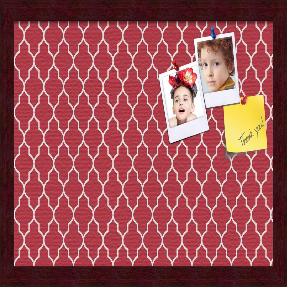ArtToFrames 18x12 Custom Cork Bulletin Board. This Quatrefoil Red Pin Board Has a Fabric Style Canvas Finish, Framed in Mahogany (PinPix-484-18x12_FRBW26039)