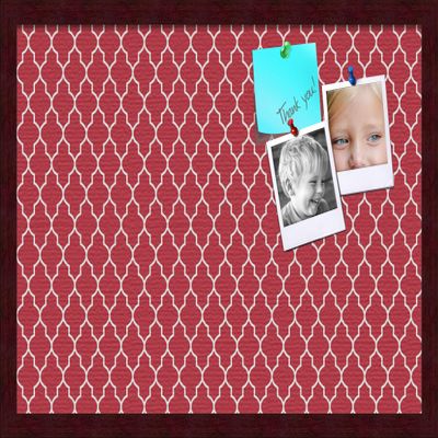 ArtToFrames 24x16 Custom Cork Bulletin Board. This Quatrefoil Red Pin Board Has a Fabric Style Canvas Finish, Framed in Mahogany (PinPix-484-24x16_FRBW26039)