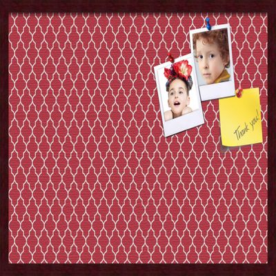 ArtToFrames 30x20 Custom Cork Bulletin Board. This Quatrefoil Red Pin Board Has a Fabric Style Canvas Finish, Framed in Mahogany (PinPix-484-30x20_FRBW26039)