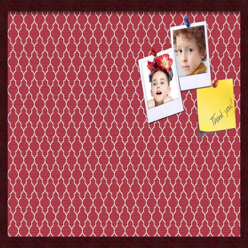 ArtToFrames 30x20 Custom Cork Bulletin Board. This Quatrefoil Red Pin Board Has a Fabric Style Canvas Finish, Framed in Mahogany (PinPix-484-30x20_FRBW26039)