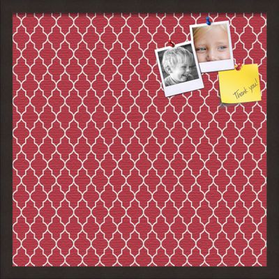 ArtToFrames 20x20 Custom Cork Bulletin Board. This Quatrefoil Red Pin Board Has a Fabric Style Canvas Finish, Framed in Coffee (PinPix-484-20x20_FRBW26061)