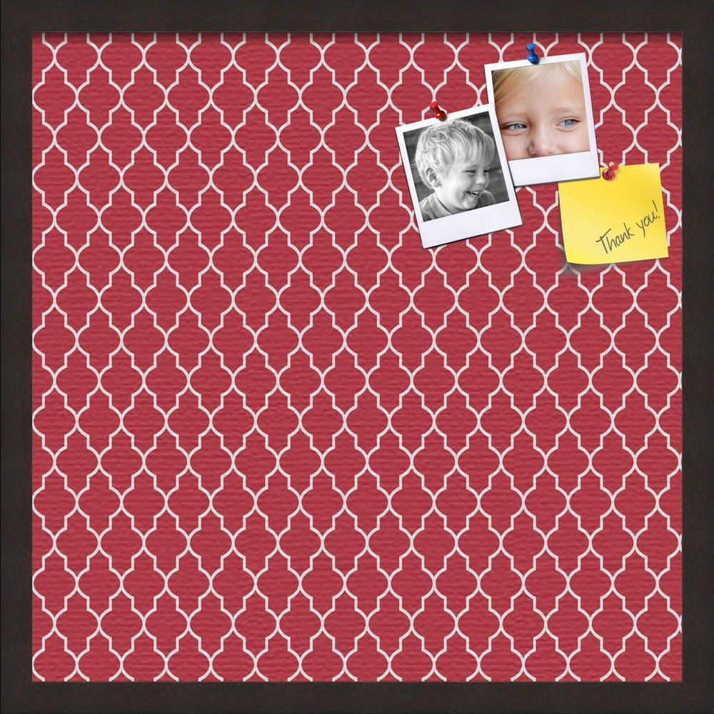 ArtToFrames 20x20 Custom Cork Bulletin Board. This Quatrefoil Red Pin Board Has a Fabric Style Canvas Finish, Framed in Coffee (PinPix-484-20x20_FRBW26061)