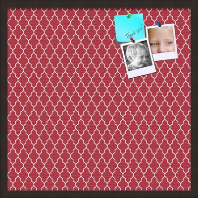 ArtToFrames 24x24 Custom Cork Bulletin Board. This Quatrefoil Red Pin Board Has a Fabric Style Canvas Finish, Framed in Coffee (PinPix-484-24x24_FRBW26061)