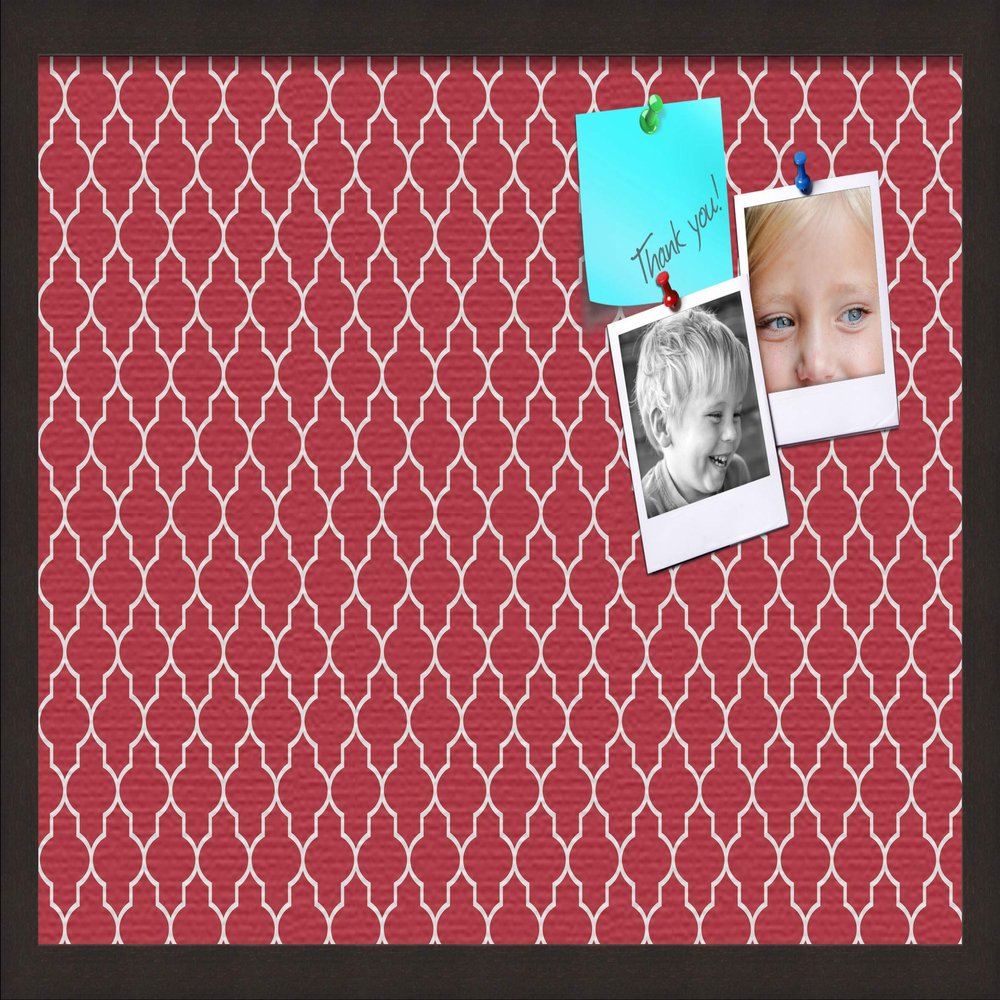 ArtToFrames 24x16 Custom Cork Bulletin Board. This Quatrefoil Red Pin Board Has a Fabric Style Canvas Finish, Framed in Coffee (PinPix-484-24x16_FRBW26061)
