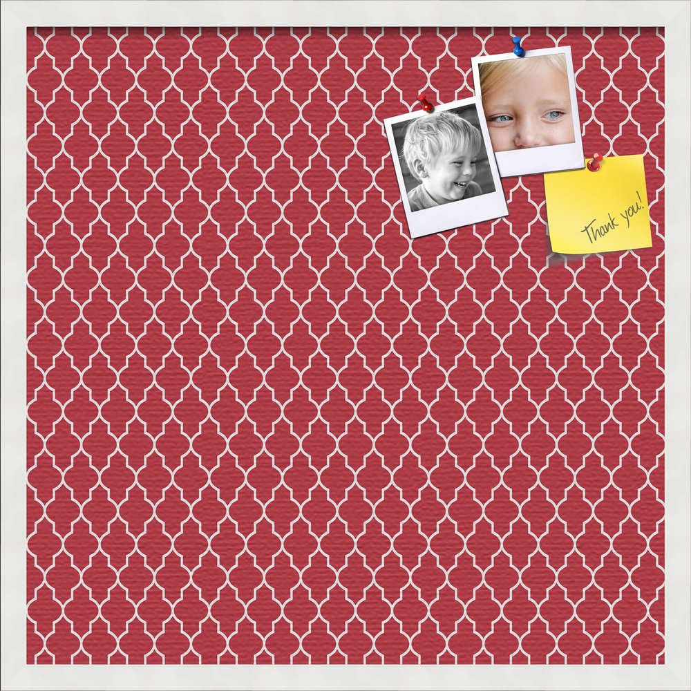 PinPix 24x24 Custom Cork Bulletin Board Quarterfoil Red Poster Board with a Canvas Style Photo Board, Framed in Satin White Frame (PinPix-484)
