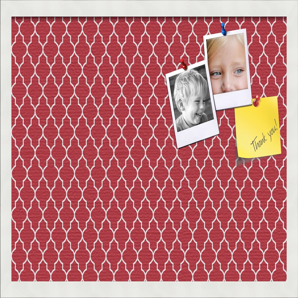 PinPix 24x16 Custom Cork Bulletin Board Quarterfoil Red Poster Board with a Canvas Style Photo Board, Framed in Satin White Frame (PinPix-484)