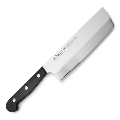 Arcos Usuba Knife 7 Inch Nitrum Stainless Steel and 175 mm Blade. Very useful utensil for professional peeling and chopping of vegetables. Polyoxymethylene (POM) handle. Series Universal. Color Black