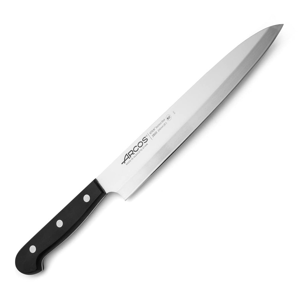Arcos Chef Knife 9.5 Inch Stainless Steel. Yanagiba Asian Knife. Ergonomic Polyoxymethylene Handle and 240mm Blade. Series Universal. Color Black
