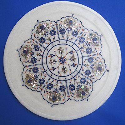 craftslook Marble Inlay Arts White Marble Handcrafted semi-Precious Inlay Stones Plate (11 inches) for Home Decor
