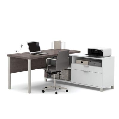 BESTAR Pro-Linea L-Shaped Desk with Metal Legs, 72W, White/Bark Grey