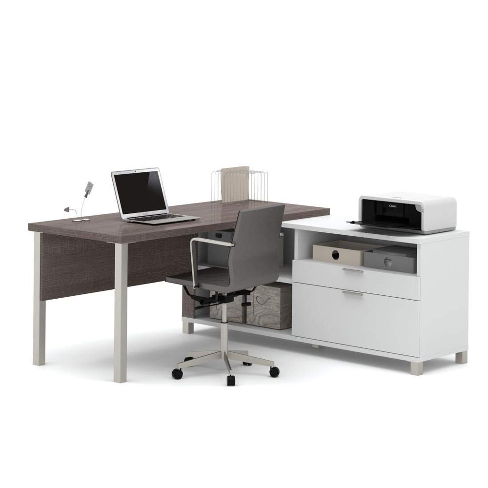 BESTAR Pro-Linea L-Shaped Desk with Metal Legs, 72W, White/Bark Grey