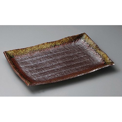 Banko Ware Platter, Iron Beadro 12.0 Long Square Plate, 14.6 x 10.2 x 1.6 inches (370 x 260 x 40 mm), Soil, Japanese Tableware, Ryokan, Restaurant, Commercial Use