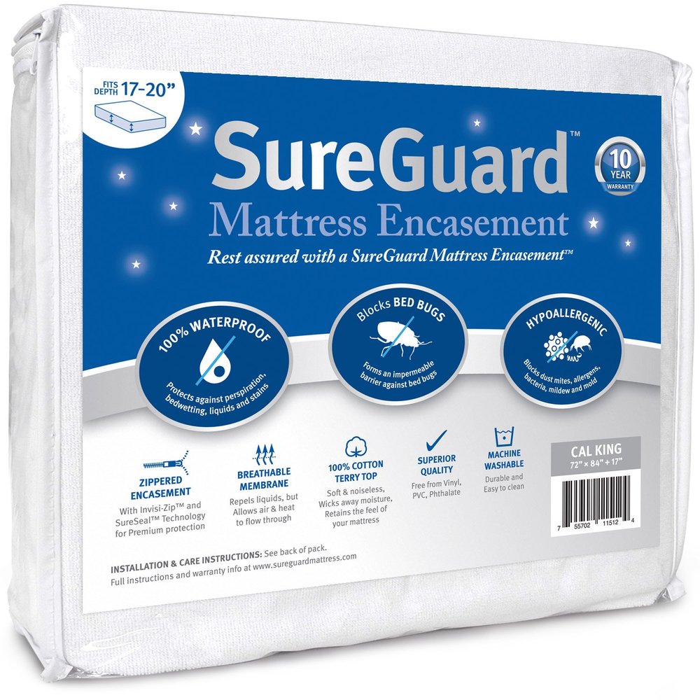 Cal King (17-20 in. Deep) SureGuard Mattress Encasement - 100% Waterproof, Bed Bug Proof, Hypoallergenic - Premium Zippered Six-Sided Cover