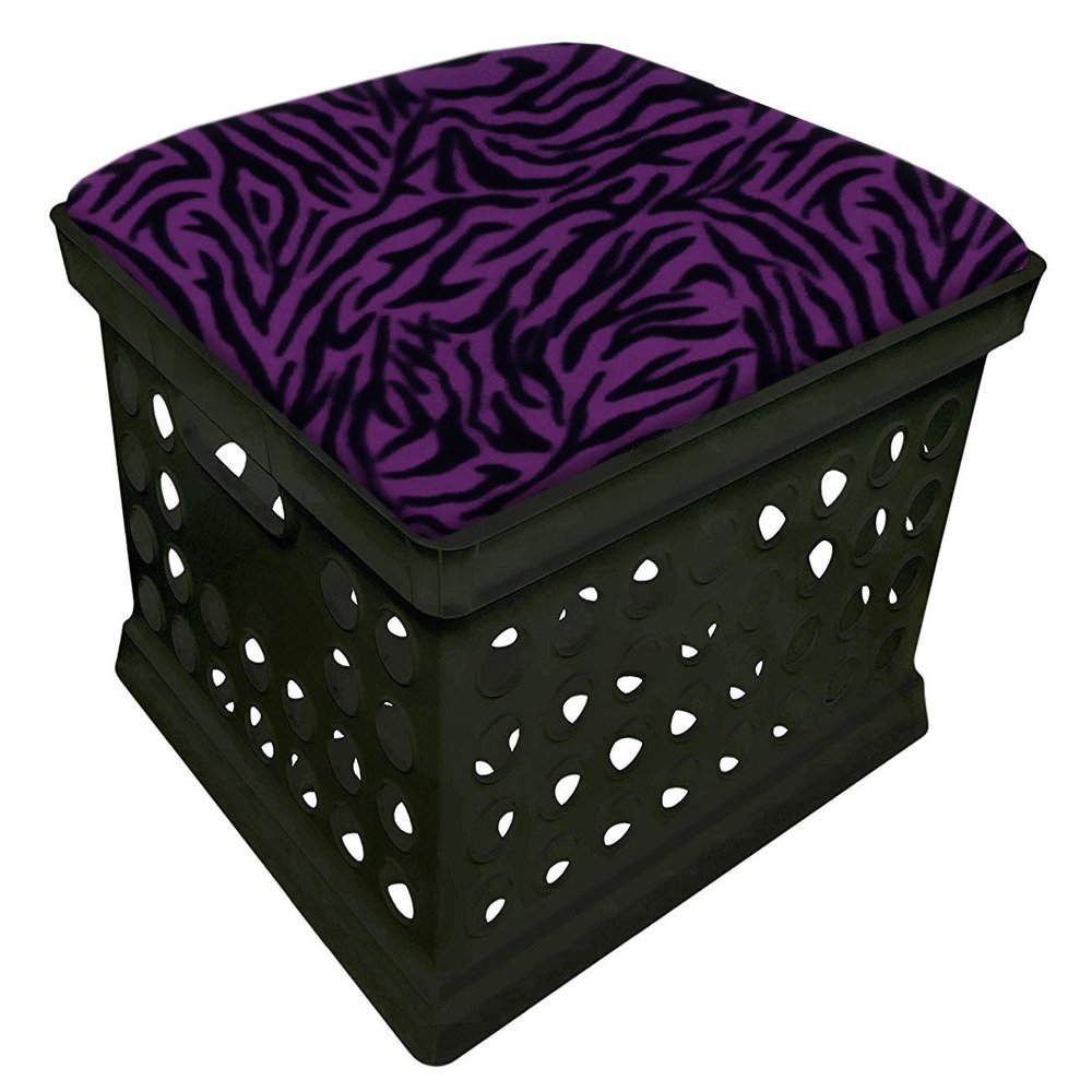 Black Utility Crate Storage Container Ottoman Bench Stool with Your Choice of Seat Cushion Theme! (Purple Zebra)