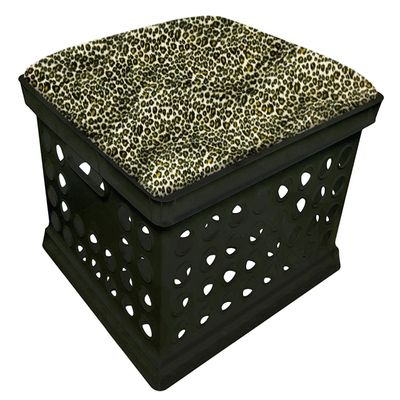 Black Utility Crate Storage Container Ottoman Bench Stool with Your Choice of Seat Cushion Theme! (Cheetah)