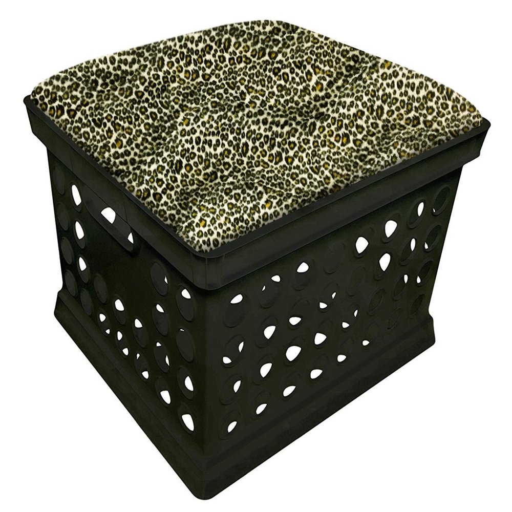 Black Utility Crate Storage Container Ottoman Bench Stool with Your Choice of Seat Cushion Theme! (Cheetah)