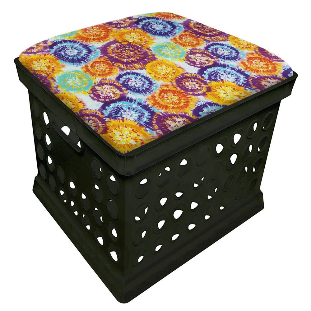 Black Utility Crate Storage Container Ottoman Bench Stool with Your Choice of Seat Cushion Theme! (Tie Dye)