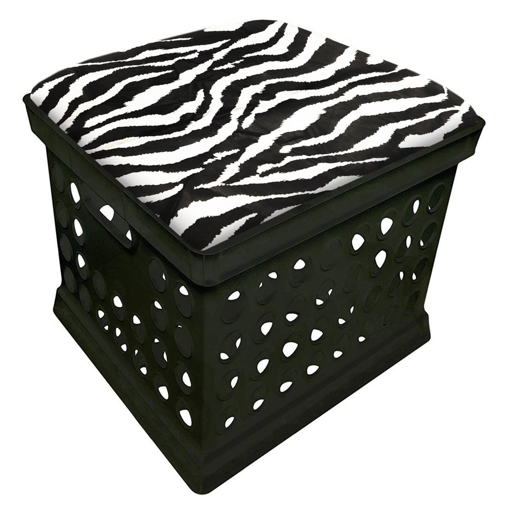 The Furniture Cove Black Utility Crate Storage Container Ottoman Bench Stool with Your Choice of Seat Cushion Theme! (Black and White Zebra)