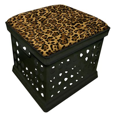 The Furniture Cove Black Utility Crate Storage Container Ottoman Bench Stool with Your Choice of Seat Cushion Theme! (Leopard)