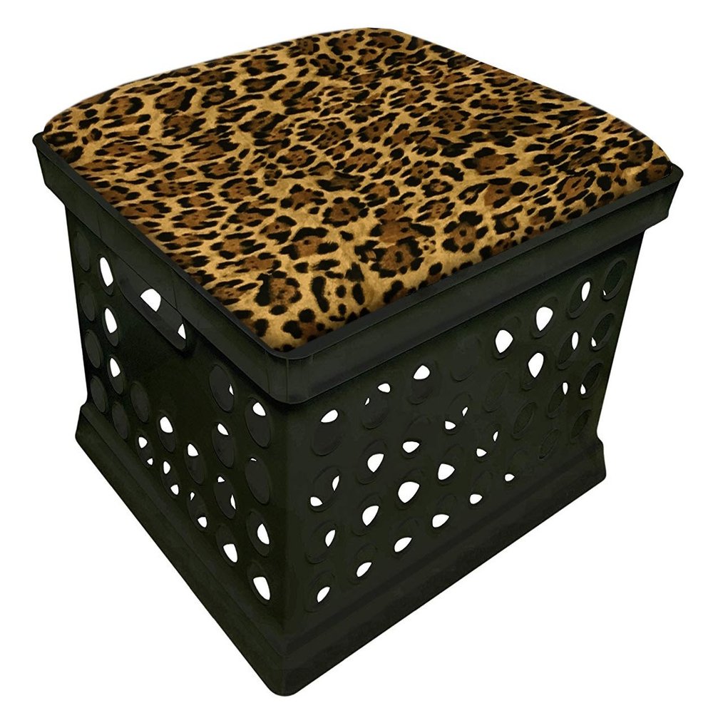 The Furniture Cove Black Utility Crate Storage Container Ottoman Bench Stool with Your Choice of Seat Cushion Theme! (Leopard)