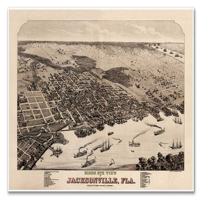Antiguos Maps Birds Eye View of Jacksonville Florida circa 1893 | Art Print Poster Vintage Wall Decor | 24 x 36 inches (610 x 915 mm)