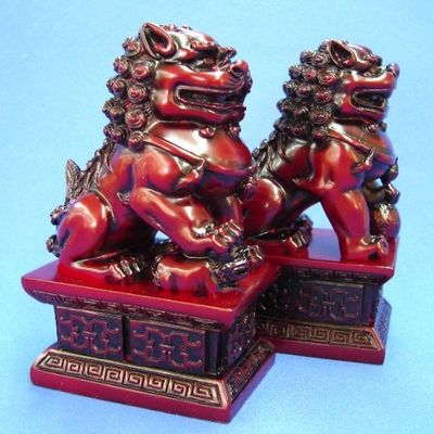 4.5" Pair of Red Feng Shui Foo Dogs, Fu Dog Statues, Chinese Civilian Door Gods to Protect Business Home Premises