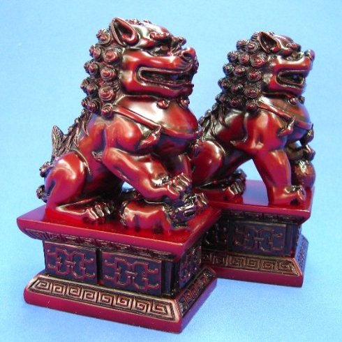 4.5" Pair of Red Feng Shui Foo Dogs, Fu Dog Statues, Chinese Civilian Door Gods to Protect Business Home Premises
